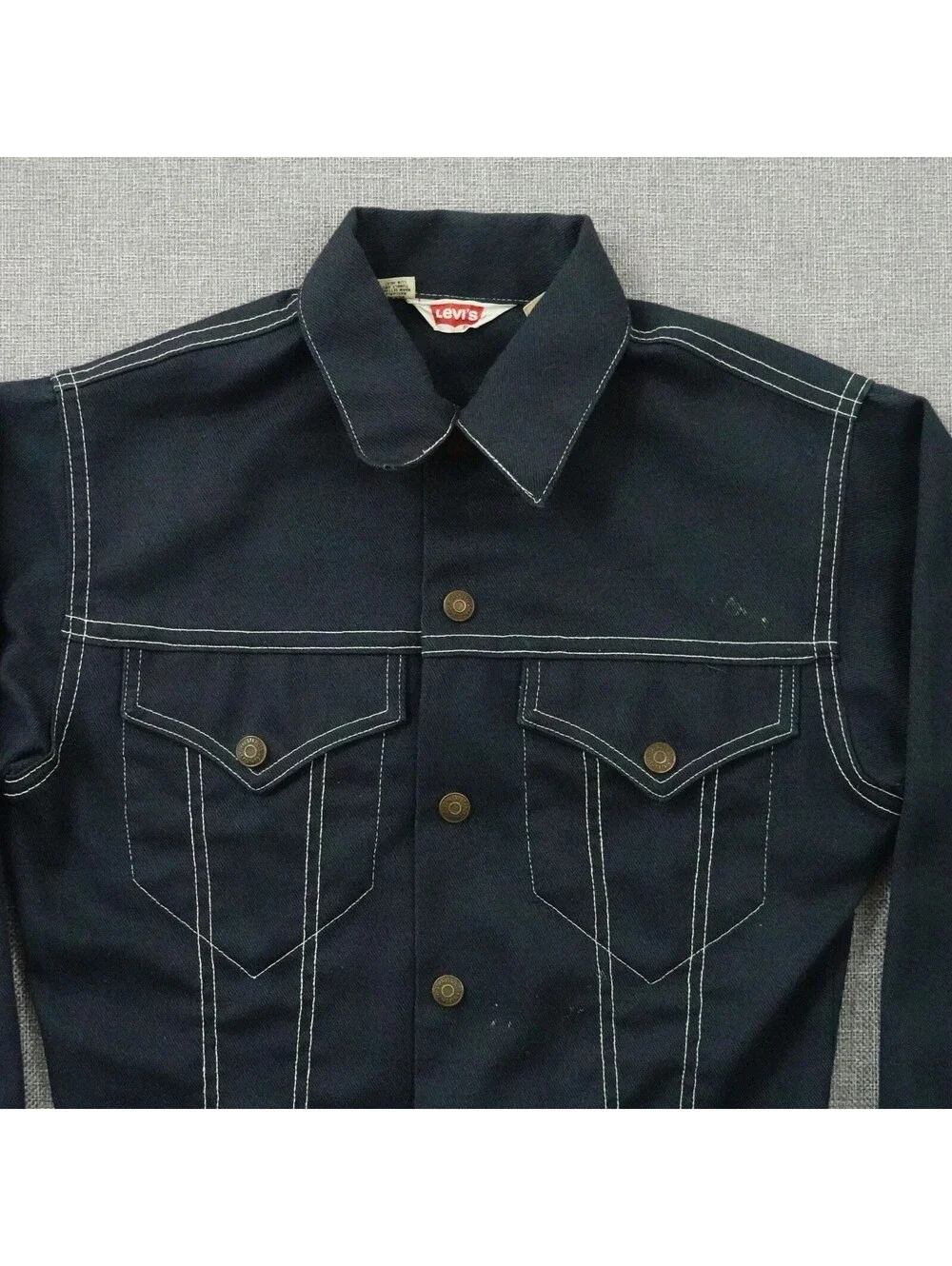 Vintage 80s Levis Kids Denim Trucker Jacket USA Flag Patch Youth Sz 14 Dark Wash